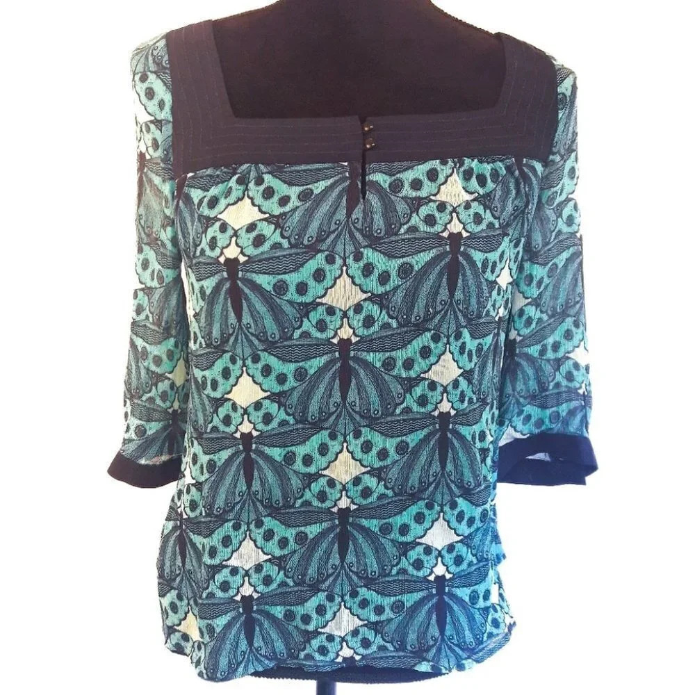 100% Silk Express Blouse Butterfly Blue Teal S Top